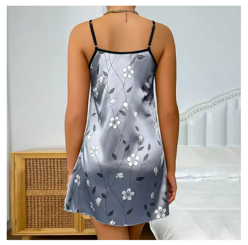 Women'S Sleepwear Summer Floral Print Satin Nightgown Casual Sleeveless Backless Slip Night Dress Sexy Nightdress Home Clothes