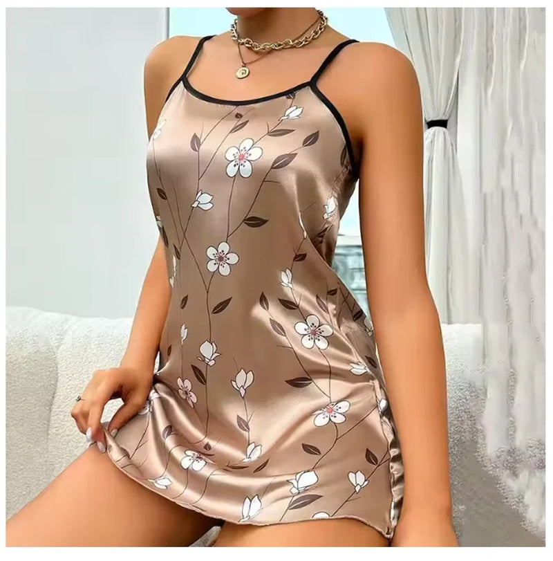 Women'S Sleepwear Summer Floral Print Satin Nightgown Casual Sleeveless Backless Slip Night Dress Sexy Nightdress Home Clothes