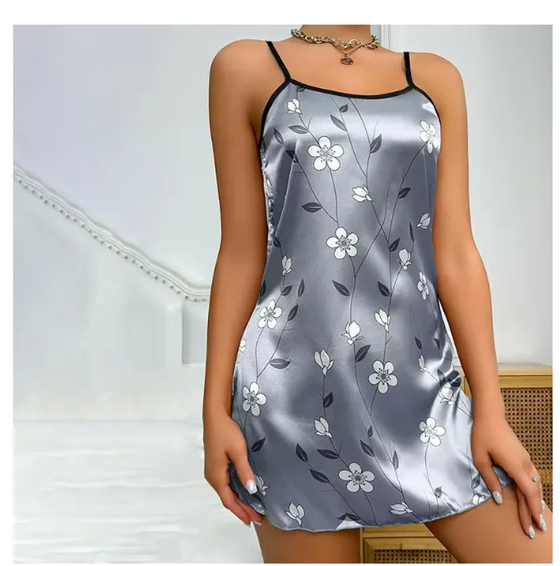 Women'S Sleepwear Summer Floral Print Satin Nightgown Casual Sleeveless Backless Slip Night Dress Sexy Nightdress Home Clothes
